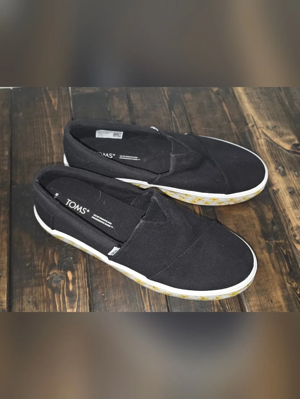 TOMS Black Slip-On Shoes with Yellow Floral Platform